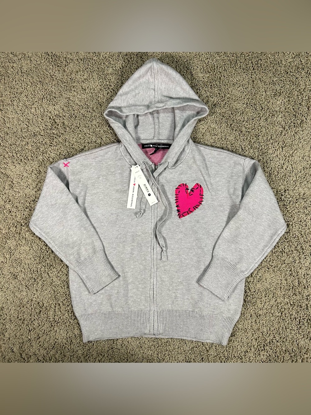 NWT Limited Edition Aqua ❤️ Kerri Rosenthal Womens XS Grey Hoodie Stitched Heart